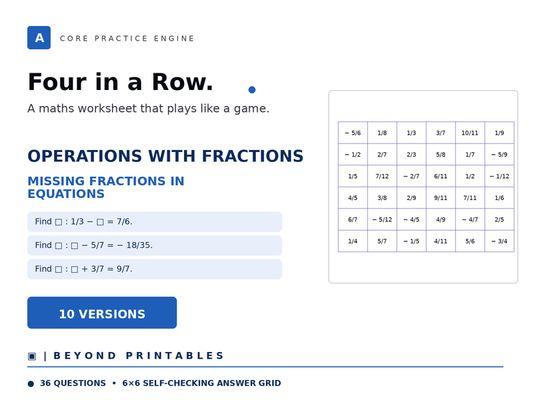 Operations with Fractions Four in a Row | Missing Fractions in Equations | Level 36 | 10 Games