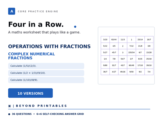 Operations with Fractions Four in a Row | Complex Numerical Fractions | Level 37 | 10 Games