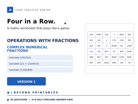 Operations with Fractions Four in a Row | Complex Numerical Fractions | Level 37 V1 | Maths Game