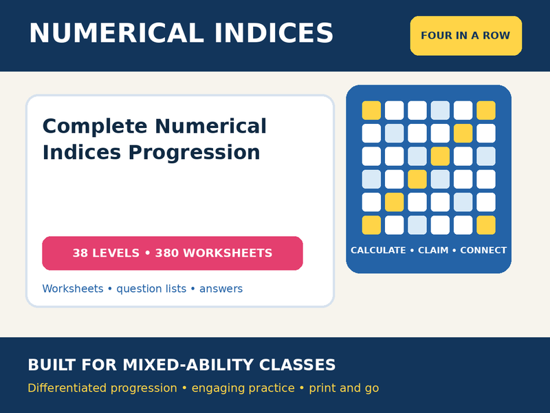 Numerical Indices Four in a Row – 38 Levels, 380 Worksheets + Answers