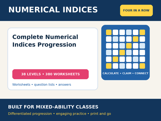Numerical Indices Four in a Row – 38 Levels, 380 Worksheets + Answers