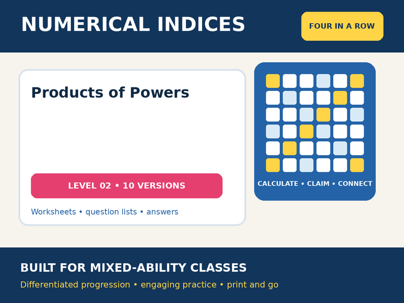 Numerical Indices – Products of Powers – Four in a Row – 10 Worksheets + Answers