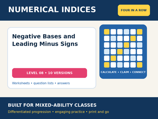 Numerical Indices – Negative Bases and Leading Minus Signs – Four in a Row – 10 Worksheets + Answers