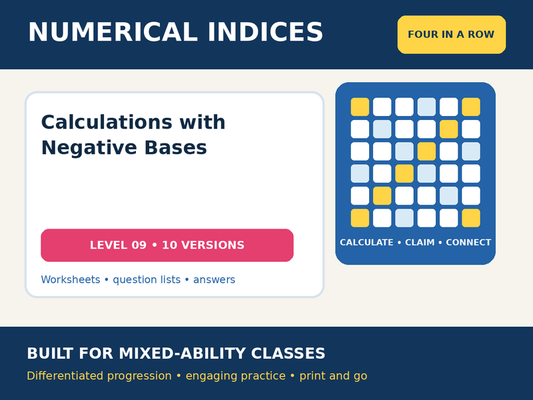 Numerical Indices – Calculations with Negative Bases – Four in a Row – 10 Worksheets + Answers