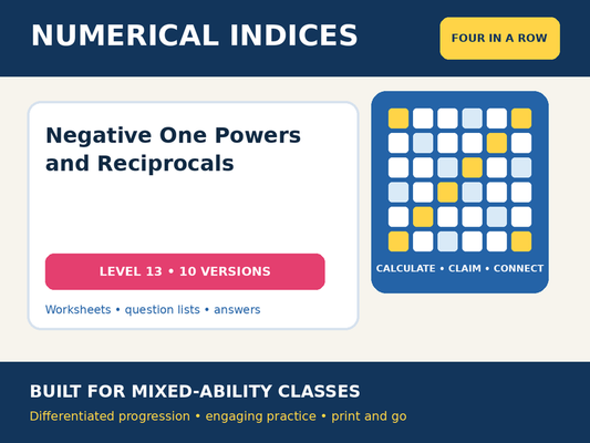 Numerical Indices – Negative One Powers and Reciprocals – Four in a Row – 10 Worksheets + Answers