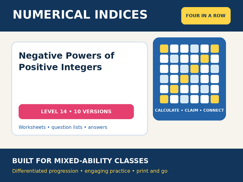 Numerical Indices – Negative Powers of Positive Integers – Four in a Row – 10 Worksheets + Answers