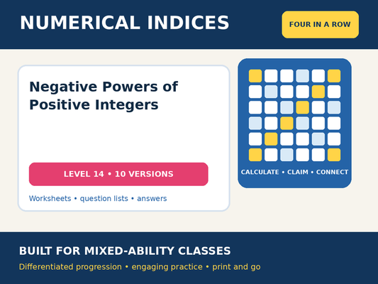 Numerical Indices – Negative Powers of Positive Integers – Four in a Row – 10 Worksheets + Answers