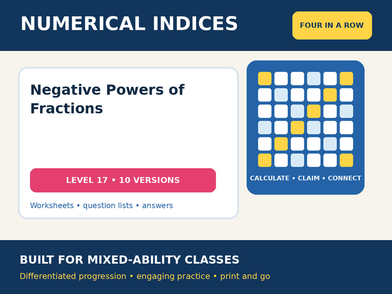 Numerical Indices – Negative Powers of Fractions – Four in a Row – 10 Worksheets + Answers