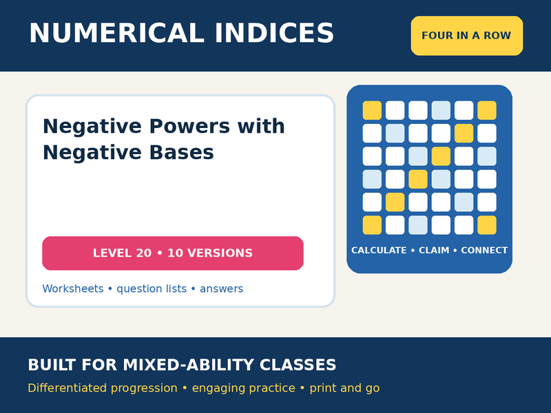 Numerical Indices – Negative Powers with Negative Bases – Four in a Row – 10 Worksheets + Answers