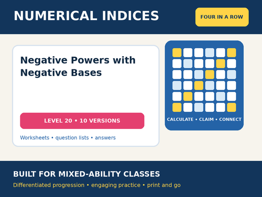 Numerical Indices – Negative Powers with Negative Bases – Four in a Row – 10 Worksheets + Answers