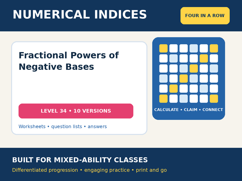 Numerical Indices – Fractional Powers of Negative Bases – Four in a Row – 10 Worksheets + Answers
