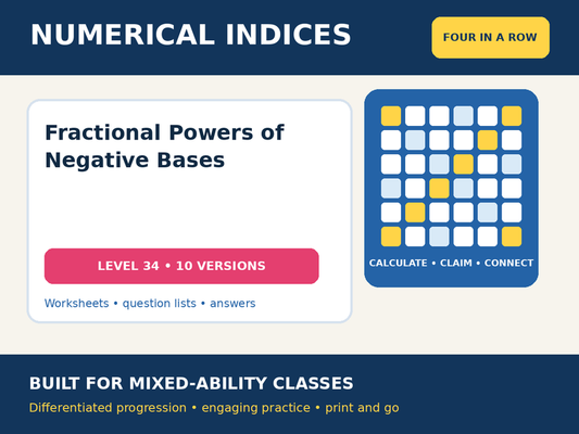 Numerical Indices – Fractional Powers of Negative Bases – Four in a Row – 10 Worksheets + Answers
