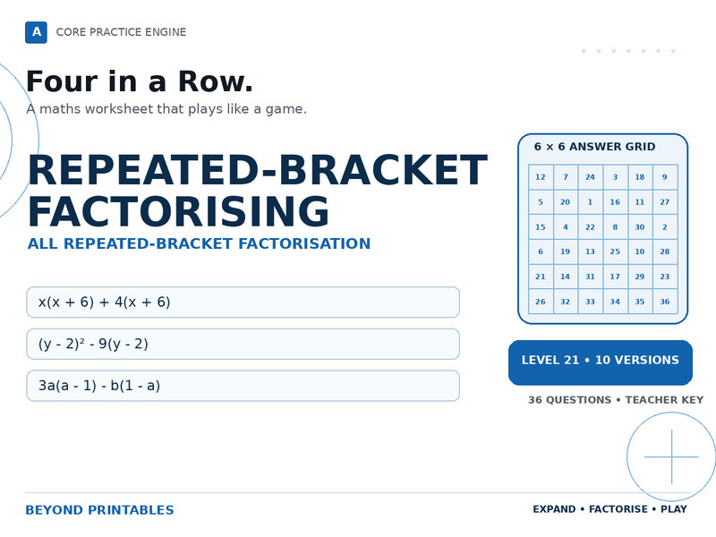 Repeated-Bracket Factorising Four in a Row | x(x + 6) + 4(x + 6) : Level 21 | 10 Maths Games