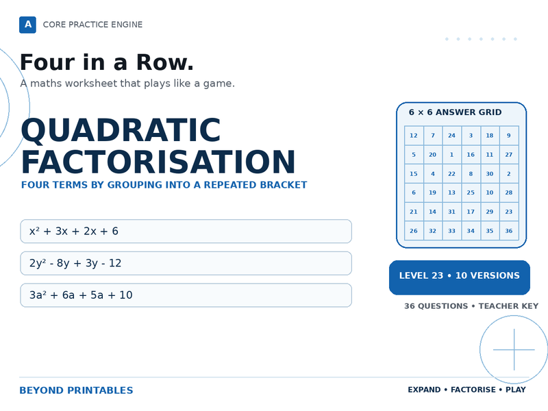 Quadratic Factorisation Four in a Row | x² + 3x + 2x + 6 : Level 23 | 10 Maths Games