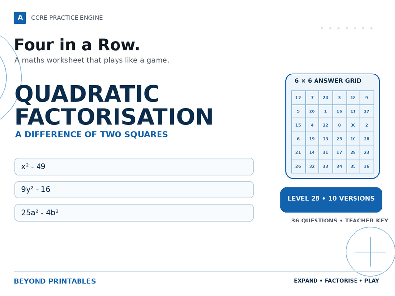 Quadratic Factorisation Four in a Row | x² - 49 : Level 28 | 10 Maths Games