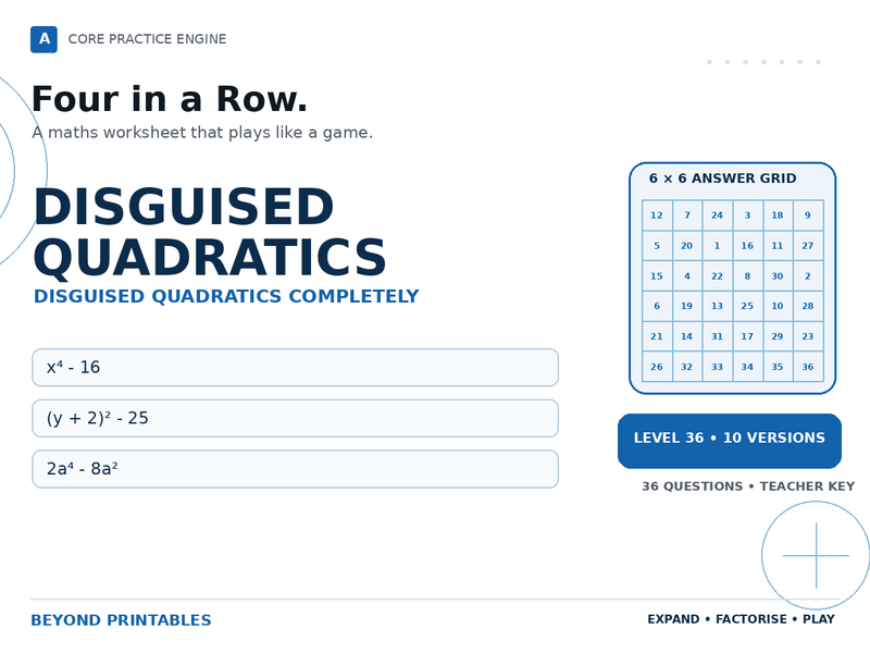 Disguised Quadratics Four in a Row | x⁴ - 16 : Level 36 | 10 Maths Games