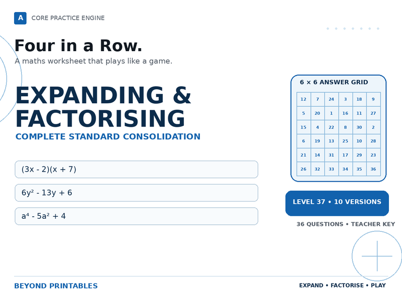 Expanding & Factorising Four in a Row | (3x - 2)(x + 7) : Level 37 | 10 Maths Games
