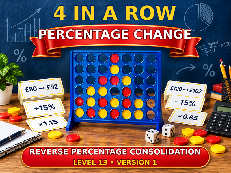 Percentage Change Four in a Row | Reverse Percentage Consolidation: Level 13 Version 1 | Maths Game