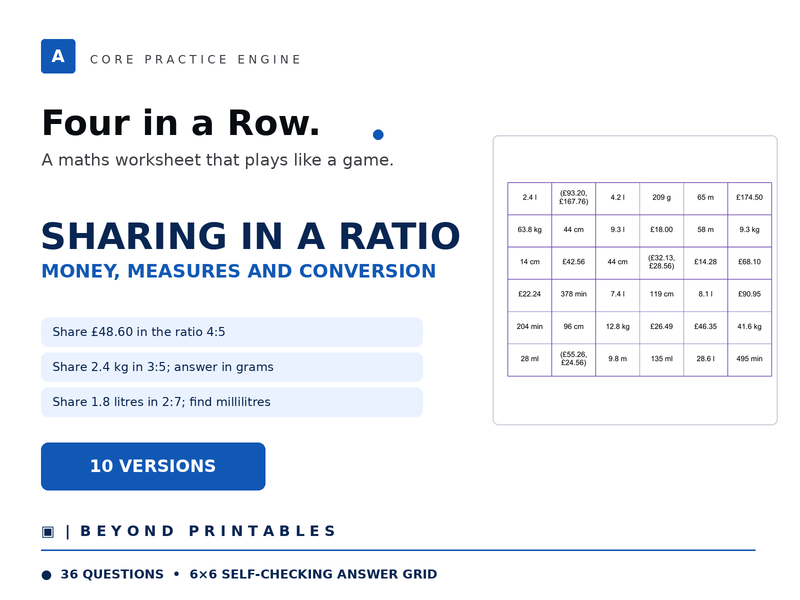 Sharing in a Ratio Four in a Row | Money, Measures and Conversion | Level 21 | 10 Maths Games