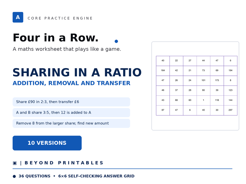 Sharing in a Ratio Four in a Row | Addition, Removal and Transfer | Level 24 | 10 Maths Games