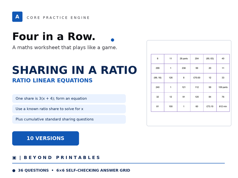 Sharing in a Ratio Four in a Row | Ratio Linear Equations | Level 29 | 10 Maths Games