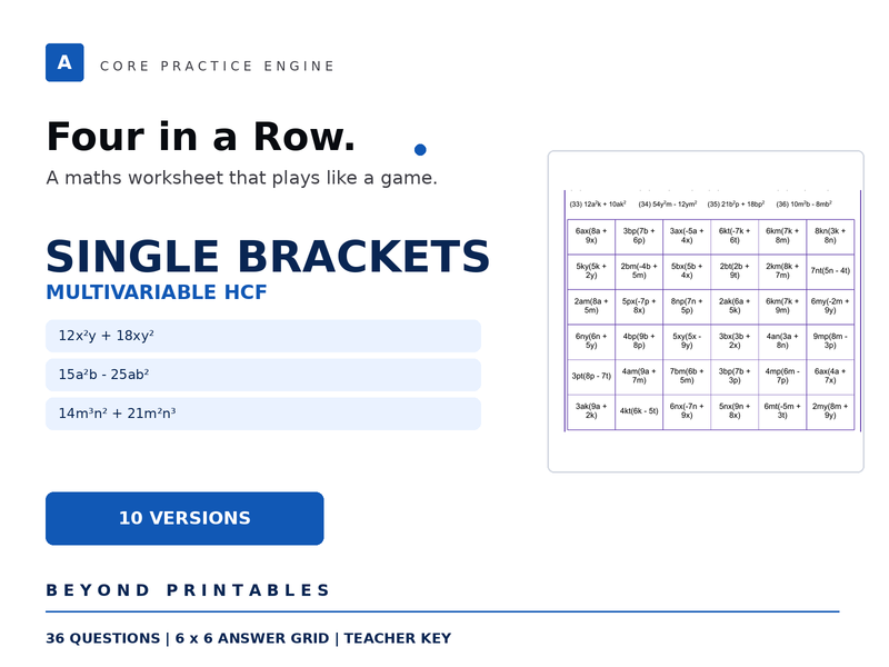 Expanding and Factorising Single Brackets Four in a Row | 12x²y+18xy² | Level 17 | 10 Maths Games