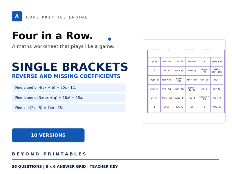 Single Brackets Four in a Row | Reverse and missing coefficients | Level 33 | 10 Maths Games