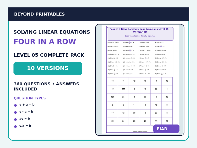 Solving Linear Equations Four in a Row | Mixed One-Step Equations : Level 05 | 10-Version Maths Pack