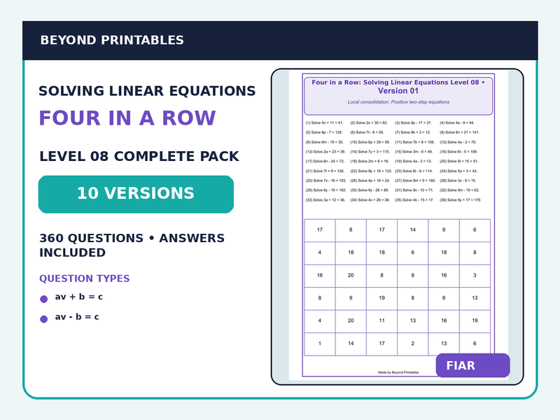 Solving Linear Equations Four in a Row | Mixed Positive Two-Step Equations : Level 08 | 10-Version Maths Pack