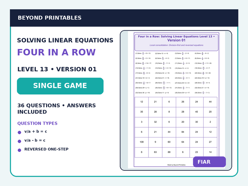 Solving Linear Equations Four in a Row | Division-First & Reversed Equations : Level 13 Version 1 | Maths Game