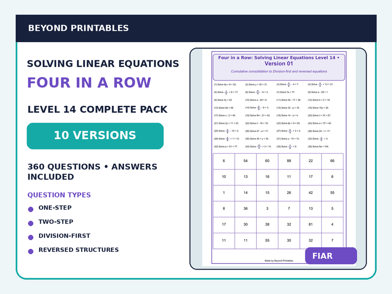 Solving Linear Equations Four in a Row | Mixed One-Step, Two-Step & Reversed : Level 14 | 10-Version Maths Pack