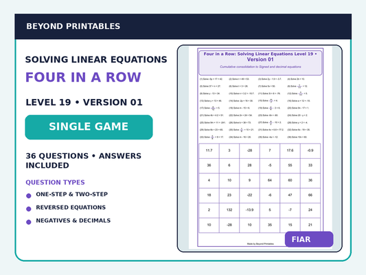 Solving Linear Equations Four in a Row | Mixed Equations with Negatives & Decimals : Level 19 Version 1 | Maths Game