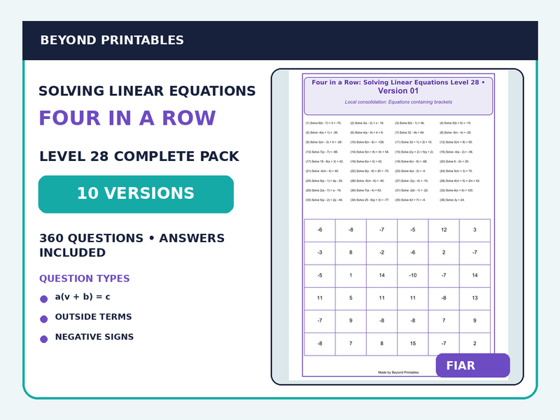 Solving Linear Equations Four in a Row | Mixed Bracket Equations : Level 28 | 10-Version Maths Pack