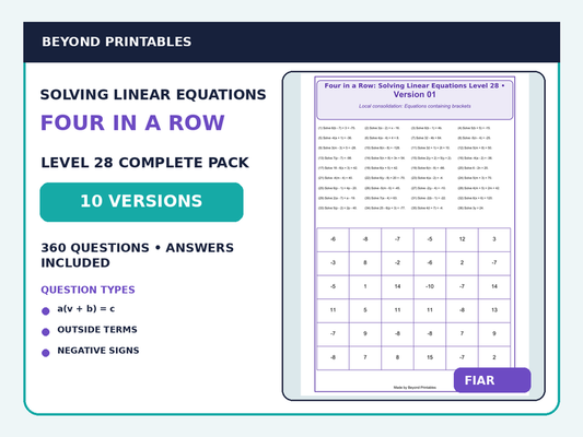 Solving Linear Equations Four in a Row | Mixed Bracket Equations : Level 28 | 10-Version Maths Pack