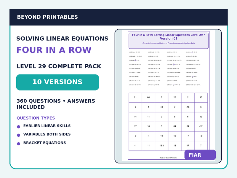 Solving Linear Equations Four in a Row | Mixed Linear Equations with Brackets : Level 29 | 10-Version Maths Pack