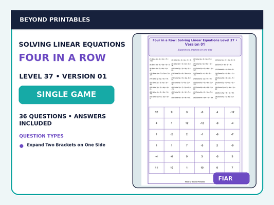 Solving Linear Equations Four in a Row | 2(x + 3) + 4(x - 1) = 20 : Level 37 Version 1 | Maths Game