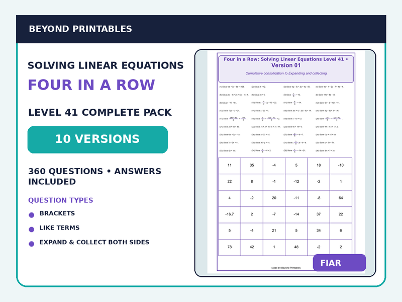 Solving Linear Equations Four in a Row | Mixed Expanding & Collecting : Level 41 | 10-Version Maths Pack