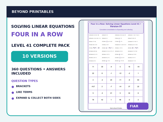 Solving Linear Equations Four in a Row | Mixed Expanding & Collecting : Level 41 | 10-Version Maths Pack