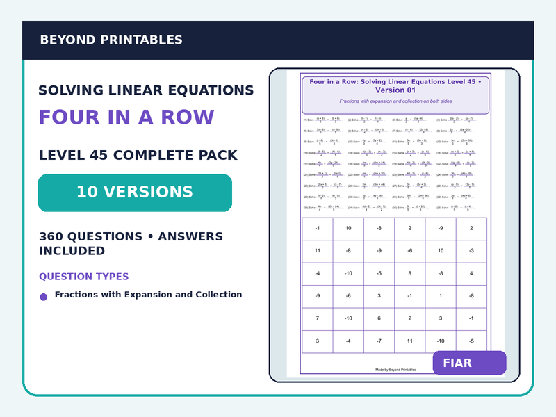 Solving Linear Equations Four in a Row | Fractions with Expansion & Collection : Level 45 | 10-Version Maths Pack