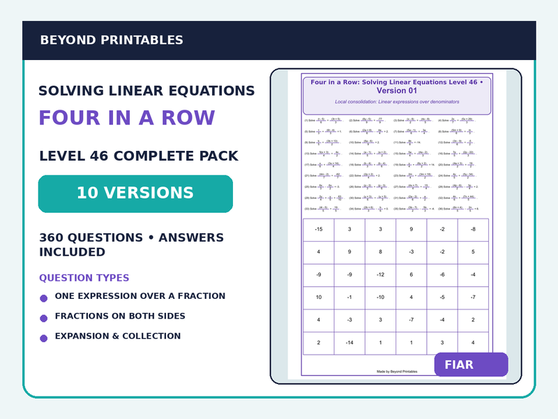 Solving Linear Equations Four in a Row | Linear Expressions over Denominators : Level 46 | 10-Version Maths Pack