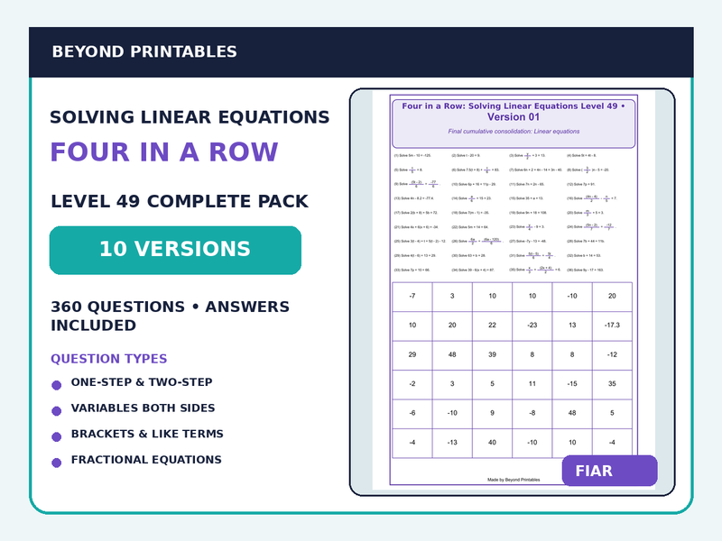 Solving Linear Equations Four in a Row | Complete Linear Equations Consolidation : Level 49 | 10-Version Maths Pack