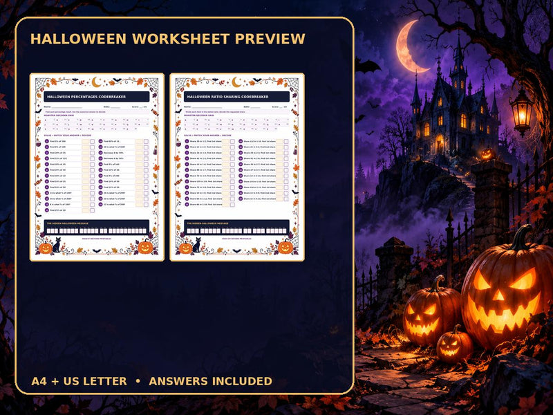 Halloween Maths Codebreaker Pack | Percentages and Ratio Sharing — preview