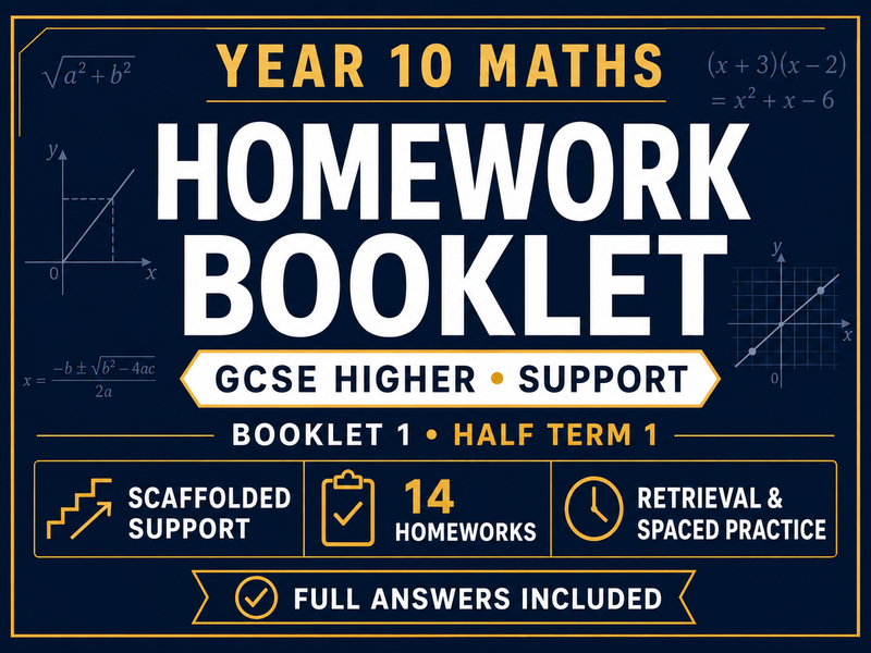 Year 10 Maths Homework Booklet – GCSE Higher Support – Half Term 1 with Answers — cover