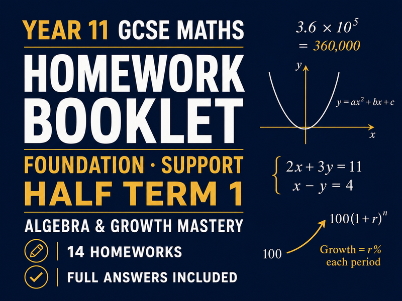 Year 11 GCSE Foundation Maths Homework Booklet – Support Half Term 1 with Answers — cover