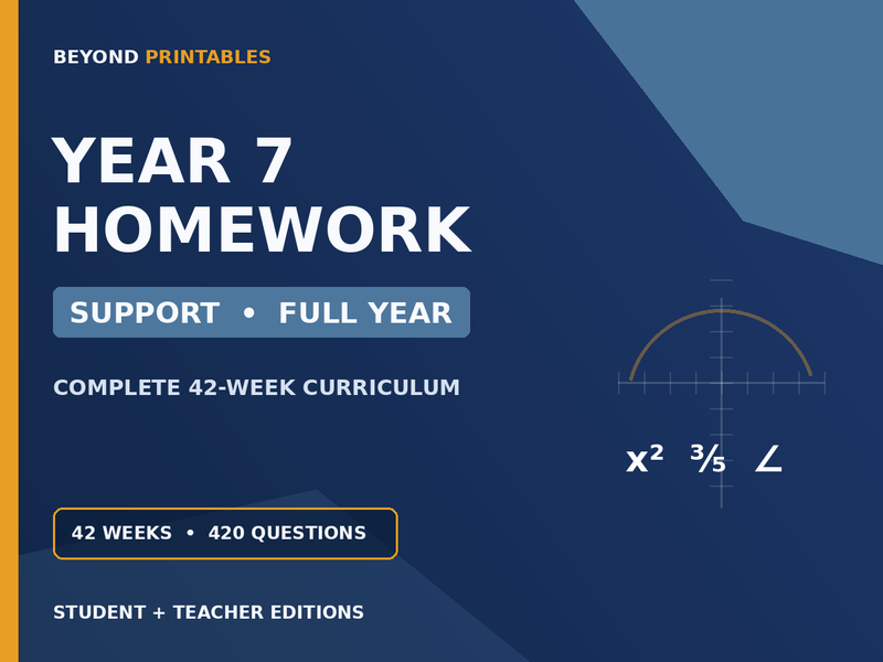 Year 7 Maths Homework | Support Full Year | 42 Weeks | Student & Teacher Booklets — cover