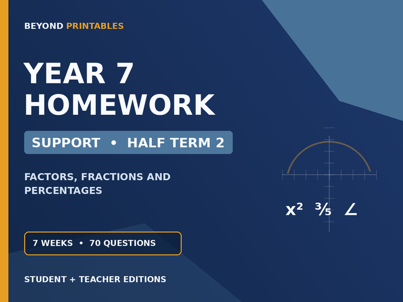 Year 7 Maths Homework | Support | Half Term 2 | Student & Teacher Booklets — cover
