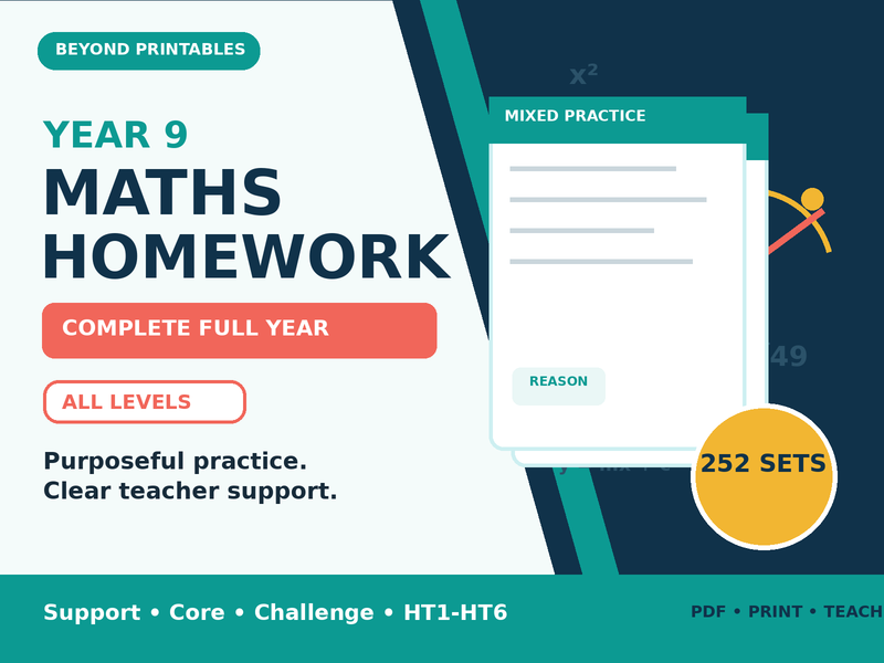 Year 9 Maths Homework Complete Full Year | Support, Core and Challenge | 252 Sets — cover