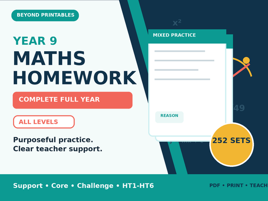 Year 9 Maths Homework Complete Full Year | Support, Core and Challenge | 252 Sets — cover