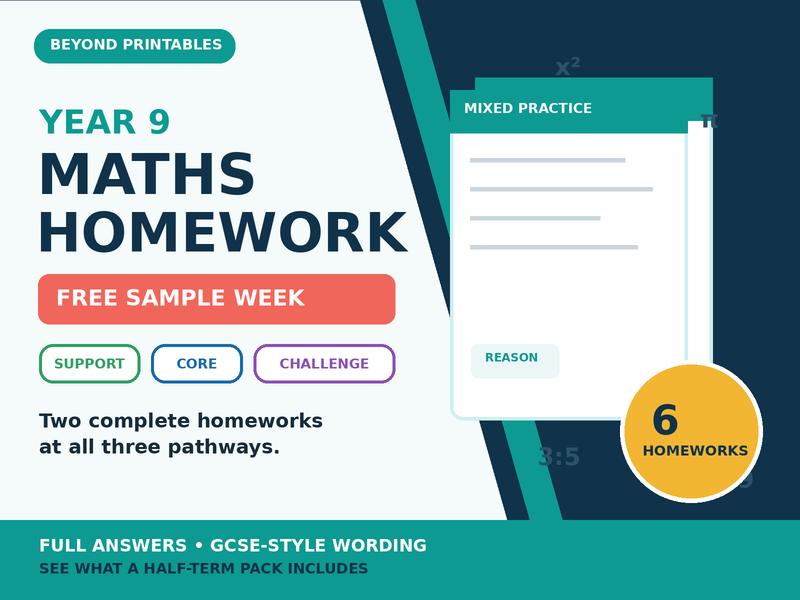 Year 9 Maths Homework Free Sample | Support, Core & Challenge | Full Answers — cover