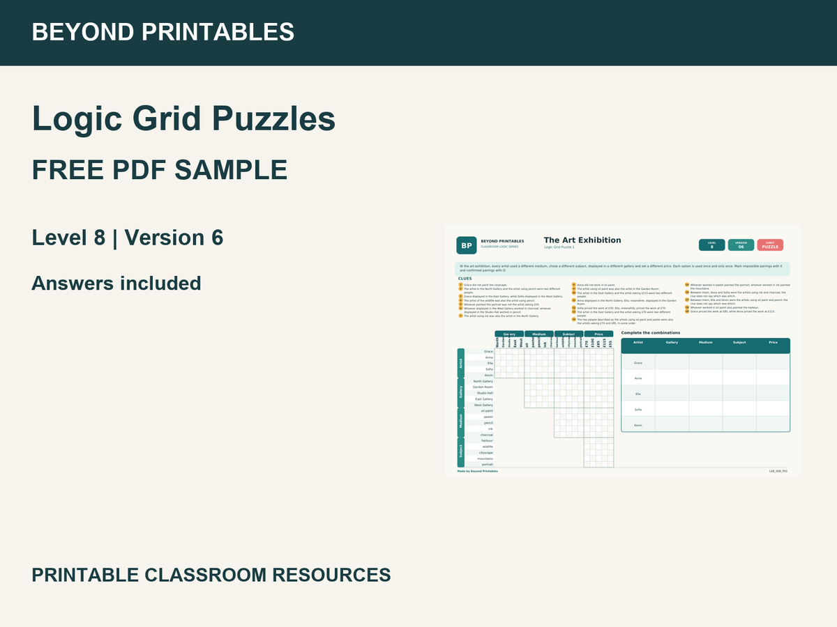 FREE Logic Grid Puzzles Sample | Level 8 Version 6